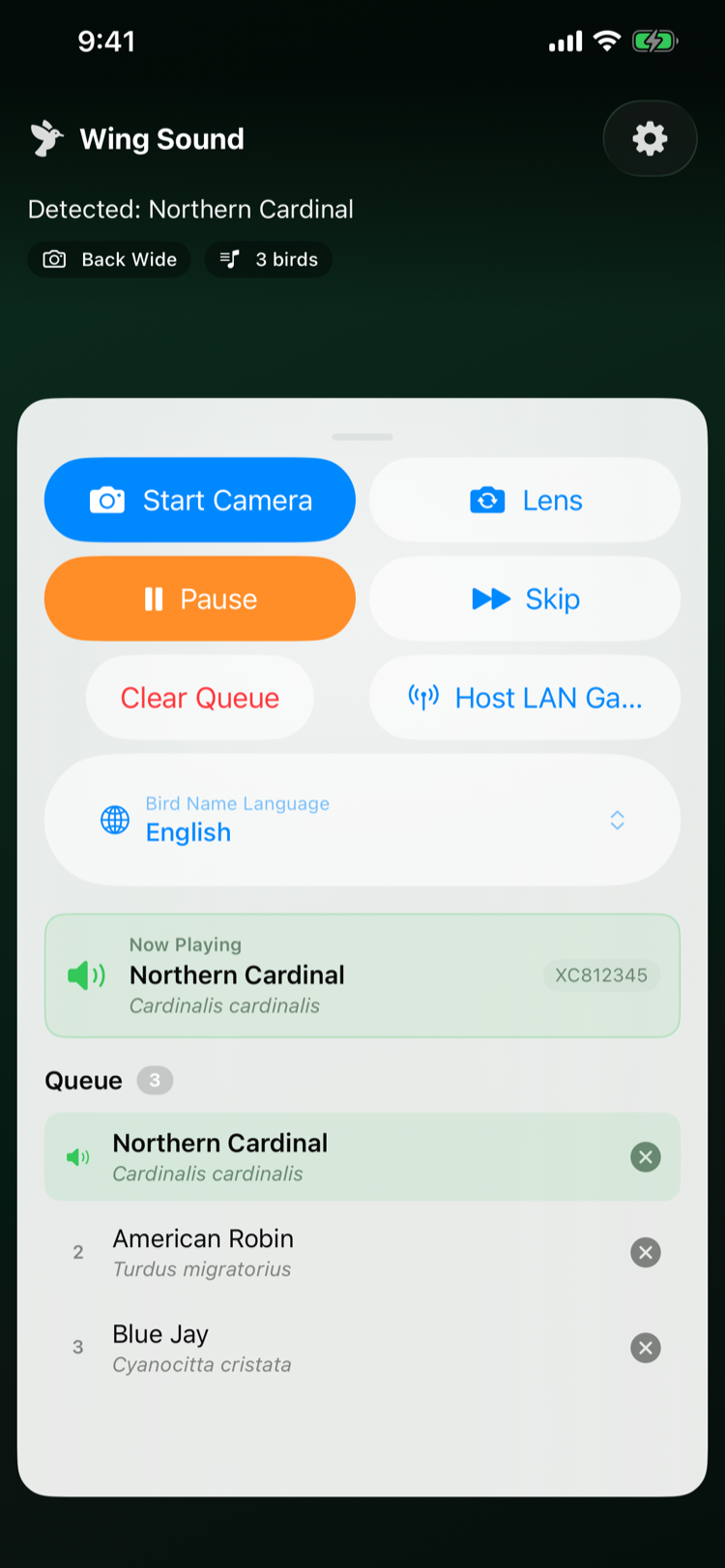 Wing Sound on iPhone — camera controls and bird playback queue