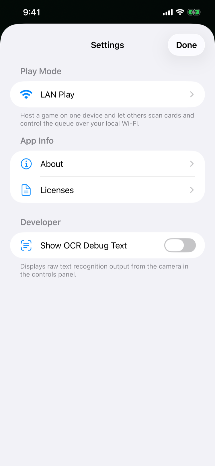 Settings — LAN play and developer options